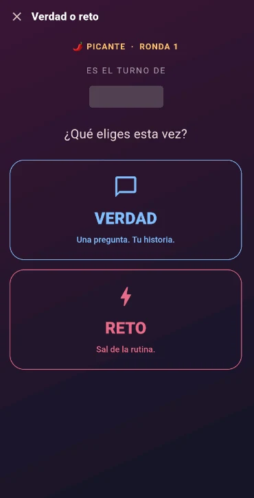 Captura real de Verdad o Reto: La captura muestra la elección entre Verdad y Reto, el turno y la intensidad seleccionada.